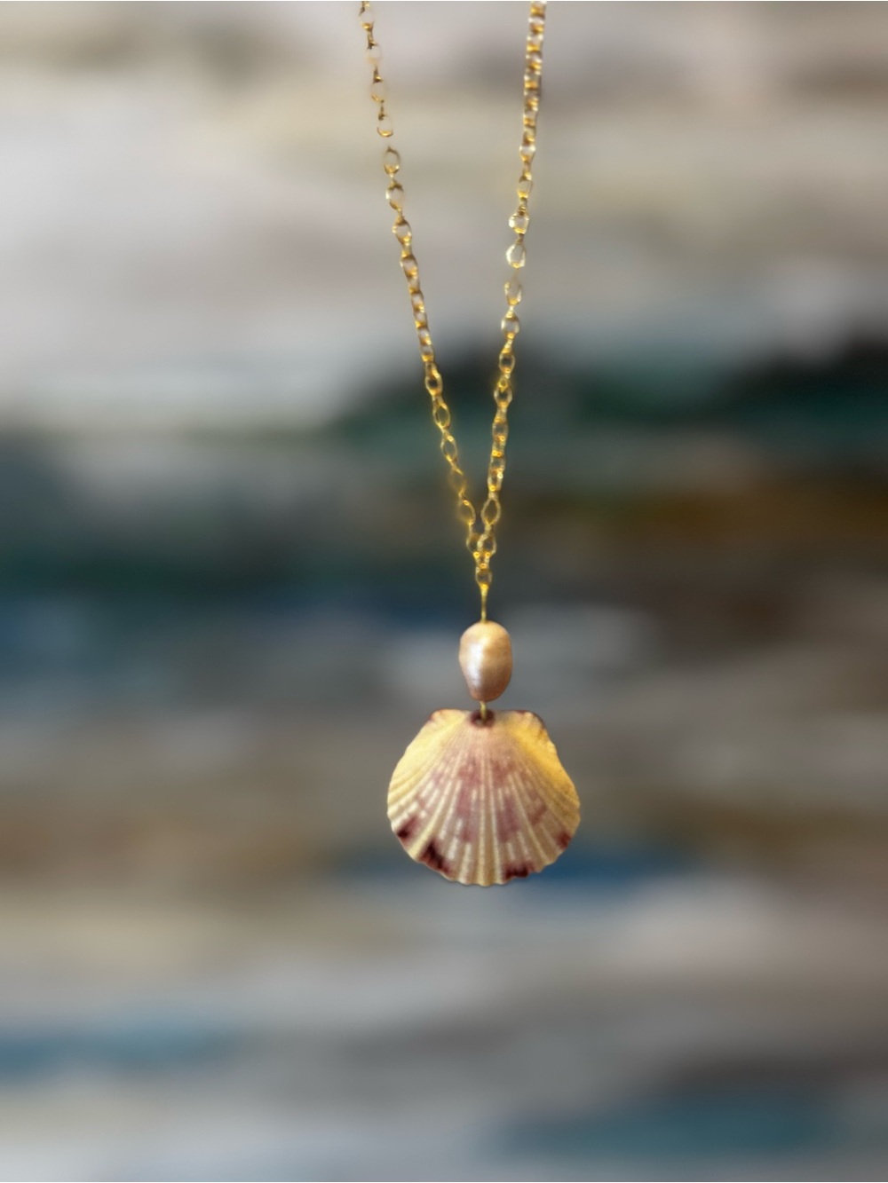 Natural Scallop Shell & Freshwater Pearl Necklace- 16” Gold-Plated Stnls Steel